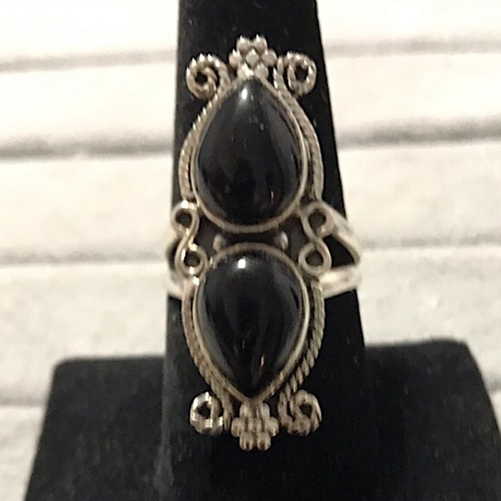 New Genuine Sterling Silver Black Onyx Double Stone Ring Size 8.5-8.75 Crystal